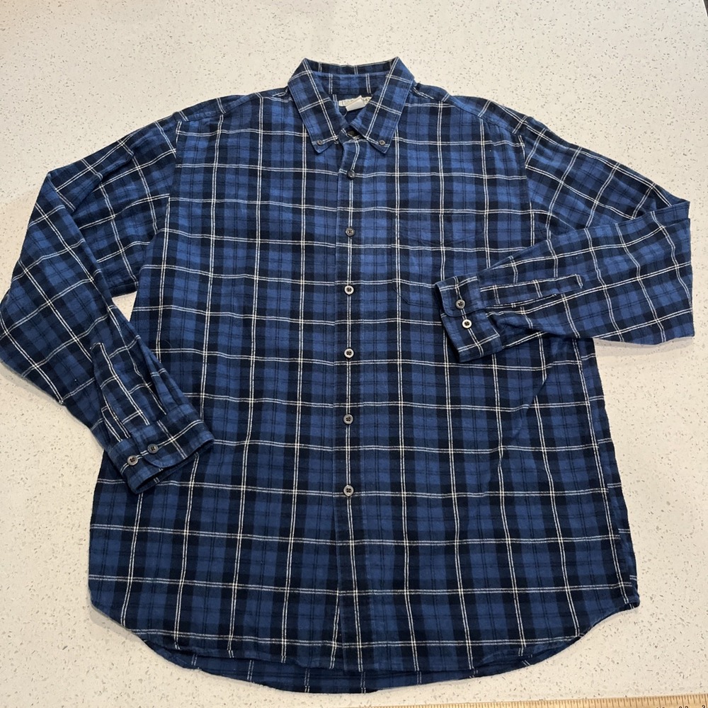 LL Bean Hooded Flannel Shirt Mens Sz Large Blue Plaid Snaps Workwear Thick